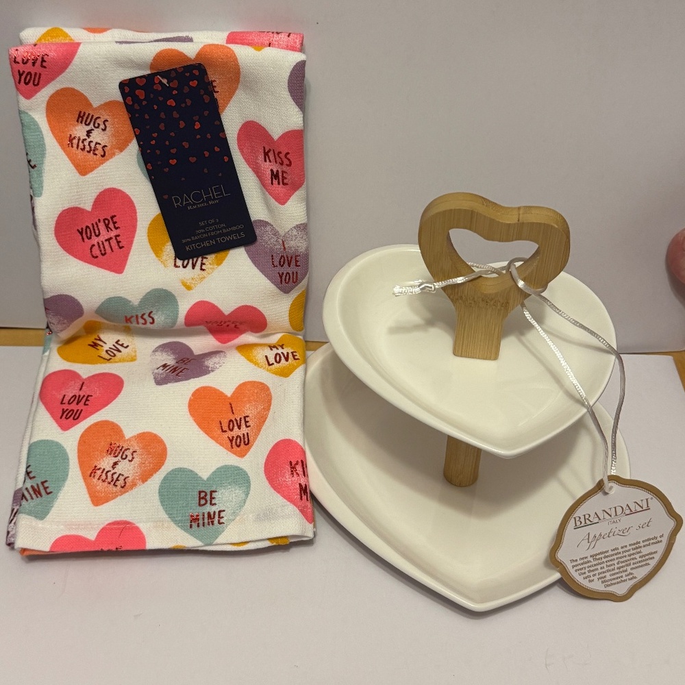 Cute Heart tiered tray and 2 pack Candy Hearts Towel Set